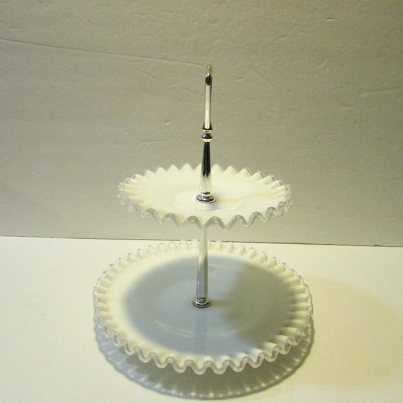 Fenton silver crest tidbit tray white with clear trim 2 tier serving plate - Picture 3 of 12